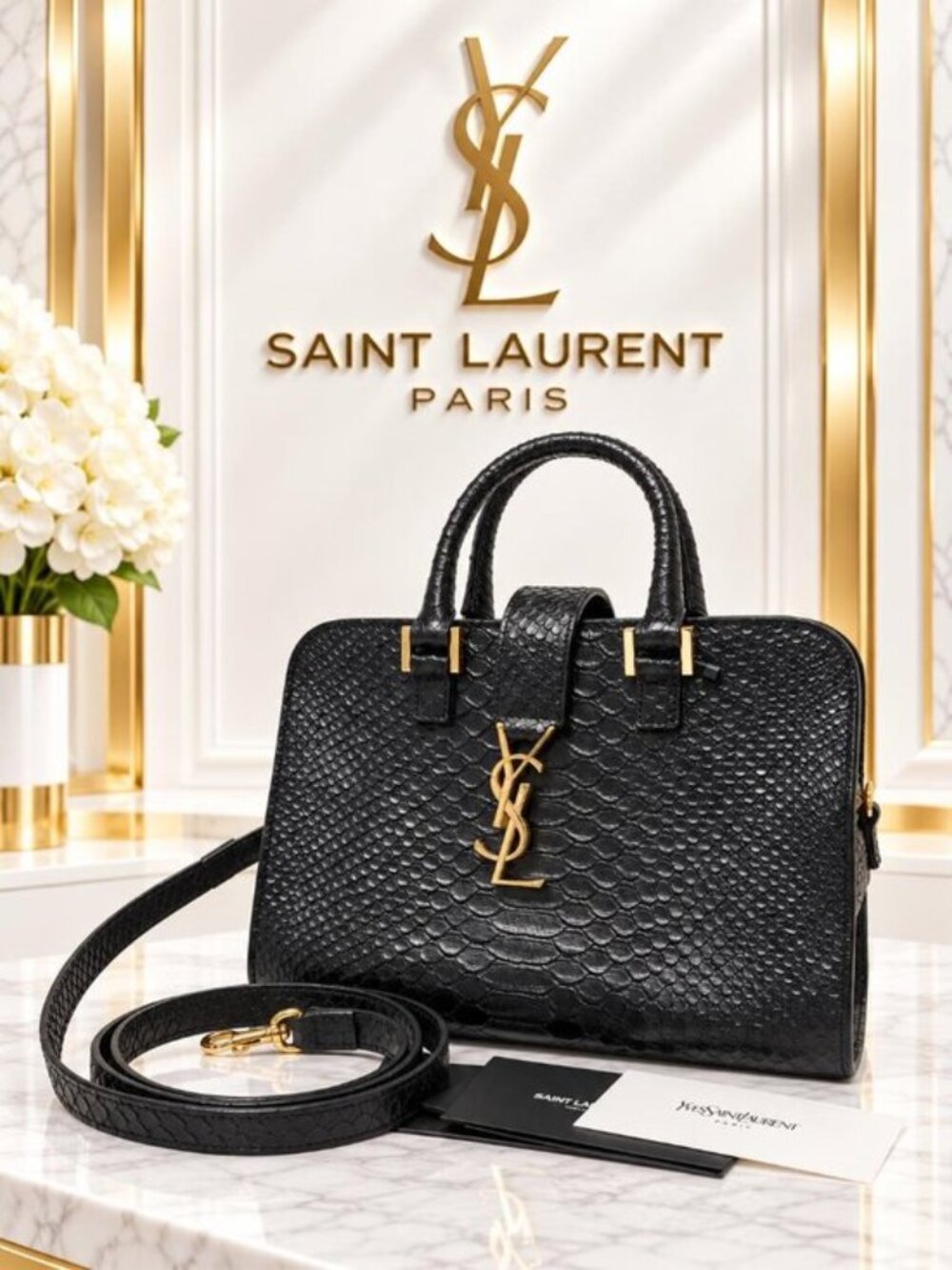 Authentic Saint Laurent YSL Black Python Embossed Leather Cabas Tote Bag
